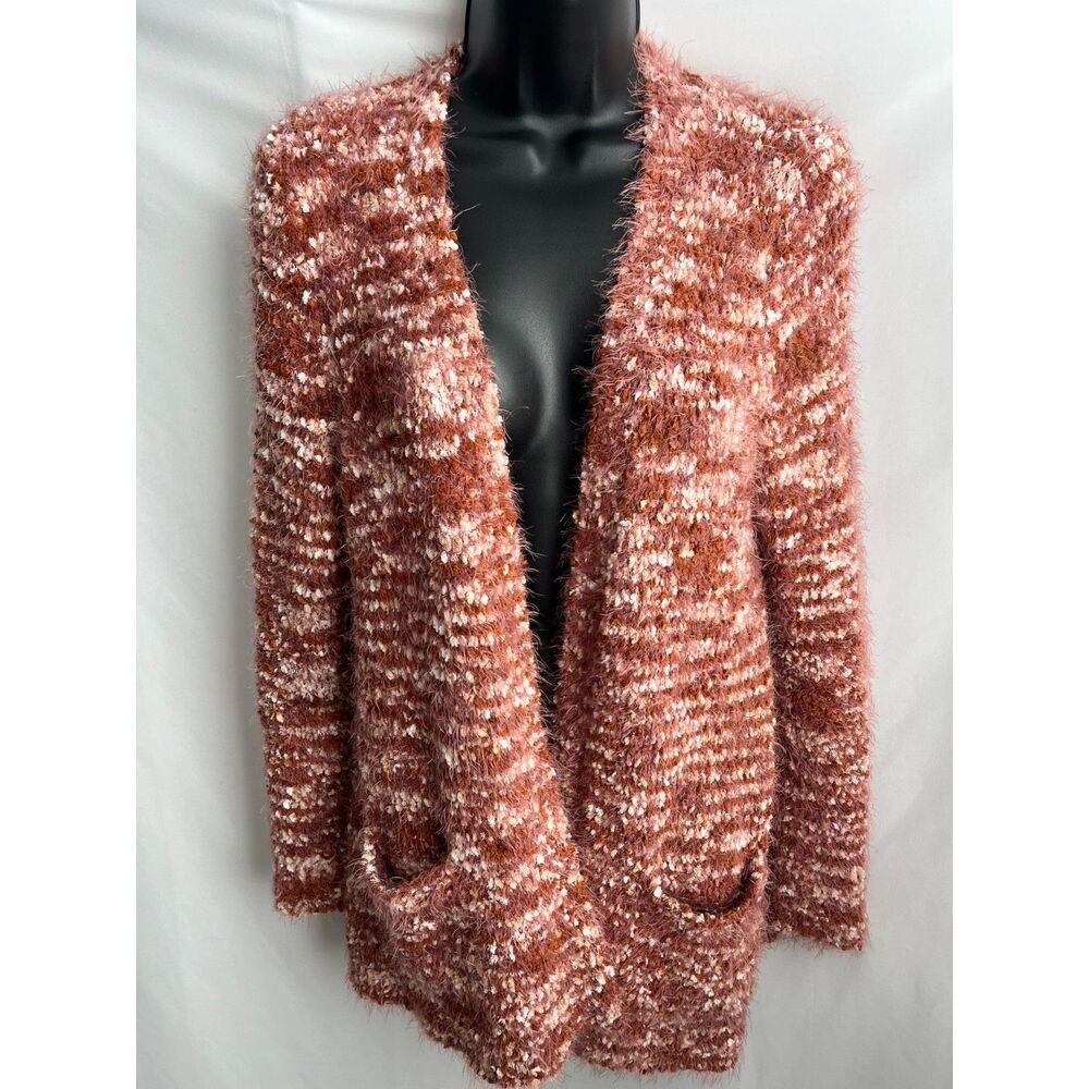 Peyton Primrose Women's Open Front Fuzzy Cardigan Sweater Burnt Orange Brown S